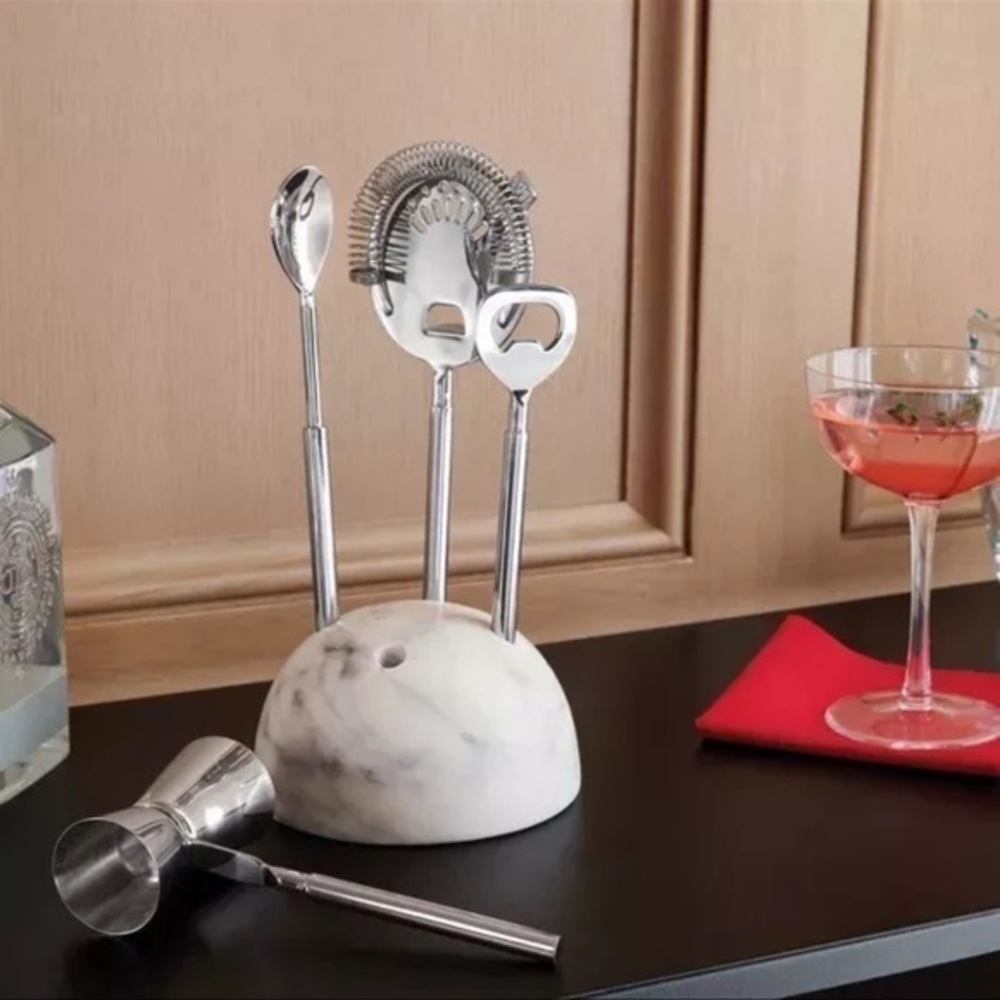 4pc Stainless Steel Barware Set with Marble Stand - Threshold New
